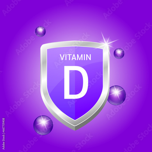 Vitamin D shield with purple dark atom. Vector illustration 3D. Protect body stay healthy, protection from chemicals entering body. Nutrition products food. Medical scientific. Drug business.