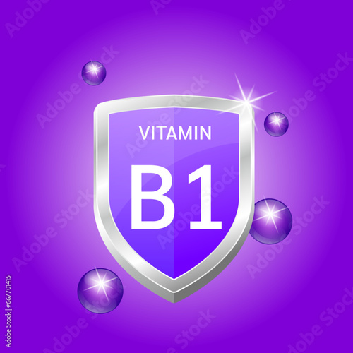 Vitamin B1 shield with purple dark atom. Vector illustration 3D. Protect body stay healthy, protection from chemicals entering body. Nutrition products food. Medical scientific. Drug business.