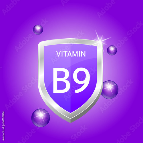 Vitamin B9 shield with purple dark atom. Vector illustration 3D. Protect body stay healthy, protection from chemicals entering body. Nutrition products food. Medical scientific. Drug business.