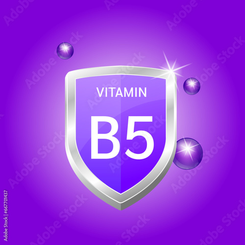 Vitamin B5 shield with purple dark atom. Vector illustration 3D. Protect body stay healthy, protection from chemicals entering body. Nutrition products food. Medical scientific. Drug business.