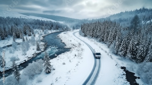 Concept of auto travel during winter holiday. White car van home on wheels driving on snow along mountain road near forest and stormy river. Aerial view. Road trip journey. Generative AI.