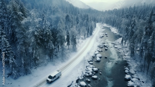 Concept of auto travel during winter holiday. White car van home on wheels driving on snow along mountain road near forest and stormy river. Aerial view. Road trip journey. Generative AI.
