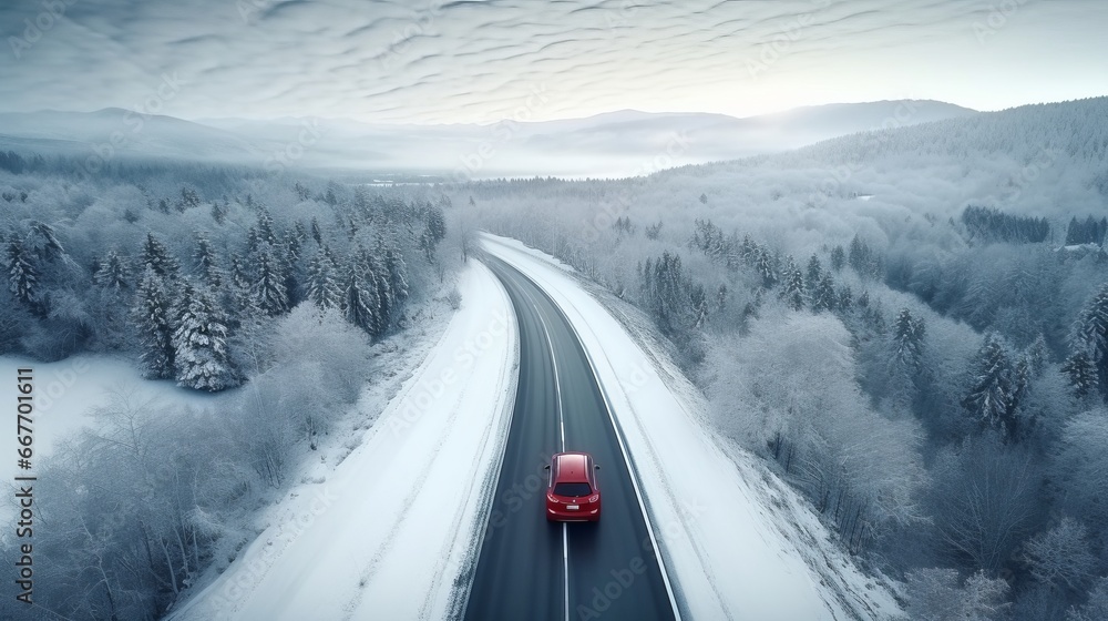 Concept of auto travel during winter holiday season. One red car is driving on snow along mountain road near forest. Aerial view. Road trip journey. Generative AI. Drone landscape.