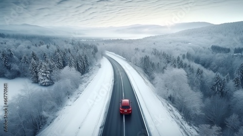 Concept of auto travel during winter holiday season. One red car is driving on snow along mountain road near forest. Aerial view. Road trip journey. Generative AI. Drone landscape. © Nikolai
