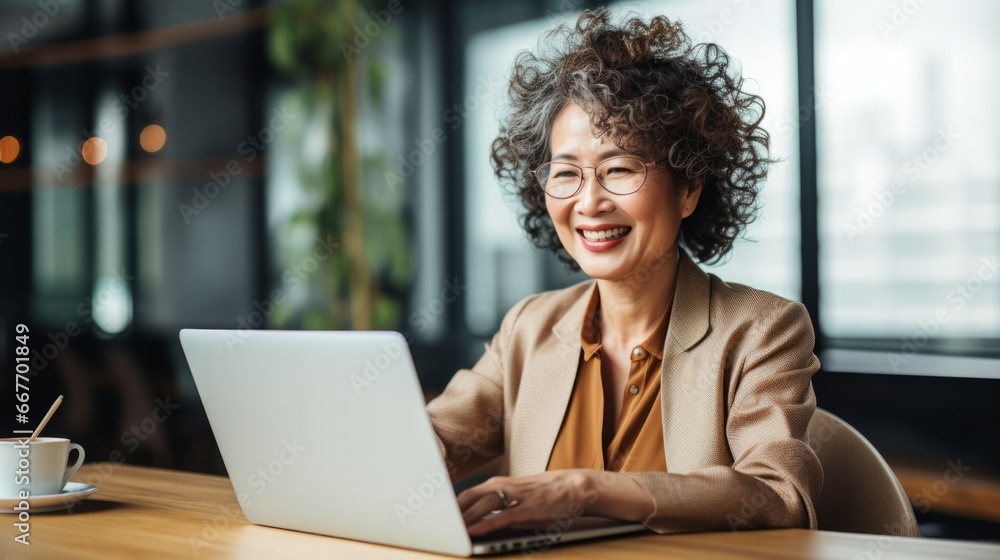 Smiling Old Chinese Woman with Brown Curly Hair Photo. Portrait of Business Person in the office in front of laptop. Photorealistic Ai Generated Horizontal Illustration. Smiling Old Chinese Woman with Brown Curly Hair Photo. Portrait of Business Person in the office in front of laptop. Photorealistic Ai Generated Horizontal Illustration.