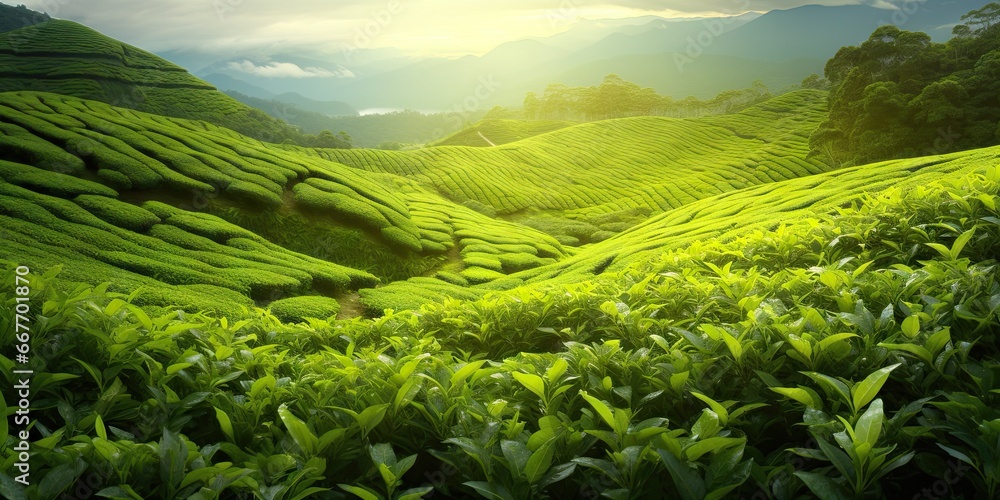 Scenic tea plantation on beautiful asian hill. Nature bounty green landscape. Countryside bliss. Serene farming in highlands. Morning sunshine over vibrant - obrazy, fototapety, plakaty 