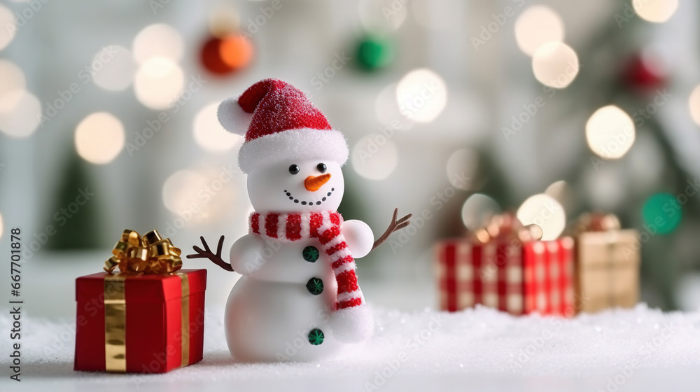 Merry Christmas Greeting with Cute Snow Man Giving Gift in Outdoor For Winter Holiday Eve Background Selective Focus Merry Christmas Greeting with Cute Snow Man Giving Gift in Outdoor For Winter Holiday Eve Background Selective Focus