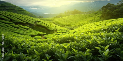 Scenic tea plantation on beautiful asian hill. Nature bounty green landscape. Countryside bliss. Serene farming in highlands. Morning sunshine over vibrant photo