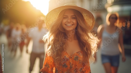 Portrait of a blonde woman outdoors on a blurred background © maretaarining