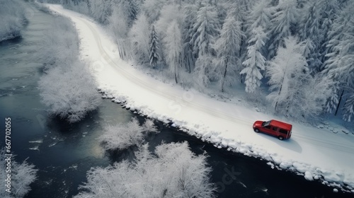 Concept of auto travel during winter holiday season. One red car is driving on snow along mountain road near forest and stormy river. Aerial view. Road trip journey. Generative AI. Drone landscape.