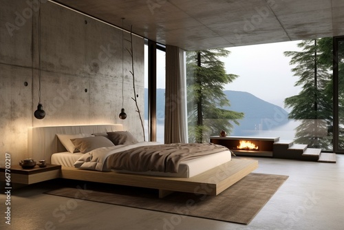 Modern bedroom with cozy bed, concrete floor, and large window. Generative AI © Daxton