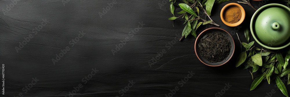 Fresh Green Tea Setup on Dark Background Fresh Green Tea Setup on Dark Background
