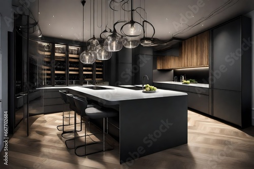 contemporary kitchen in a modern style, wooden floor, dark grey interior. 