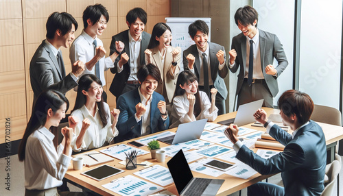 売り上げアップを喜びあう日系企業の職場の風景