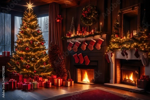 christmas tree in the fireplace photo