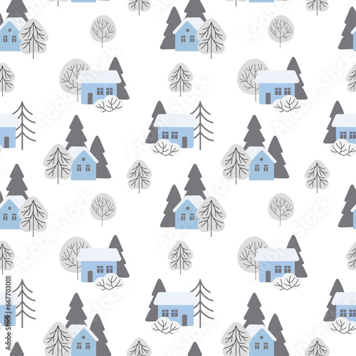 Seamless pattern, winter rural landscape with houses in the snow, fir trees and trees. Seamless pattern, print, vector