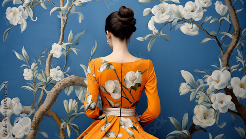 fashion rebellious model from behind, vinvenne westwood mix prada blue vintage dress, background with wallpaper with white jasmine, orange blossom, elder flower, vanilla beans photo