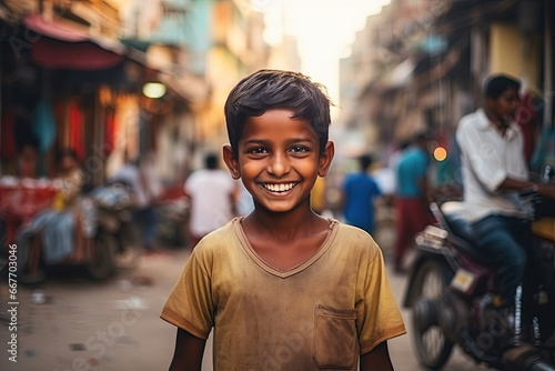 A joyful boy of Indian origin with big brown eyes, and a happy smile with white teeth standing in a dirty yellow t-shirt on a blurred background of a street with people. 
