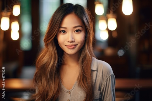 A Woman with Flowing Locks Striking a Pose Before a Table