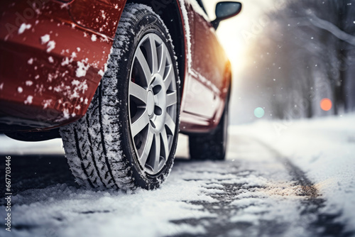 Car with winter tires on snow covered road. Close-up on wheels