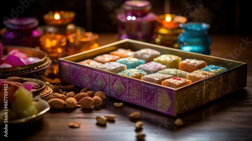 Diwali box consists of Indian sweets. Assorted Diwali Sweets Gift Box. Diwali Deepavali festive colorful bright traditional dishes and sweets in box, candles, flowers, lights © irissca