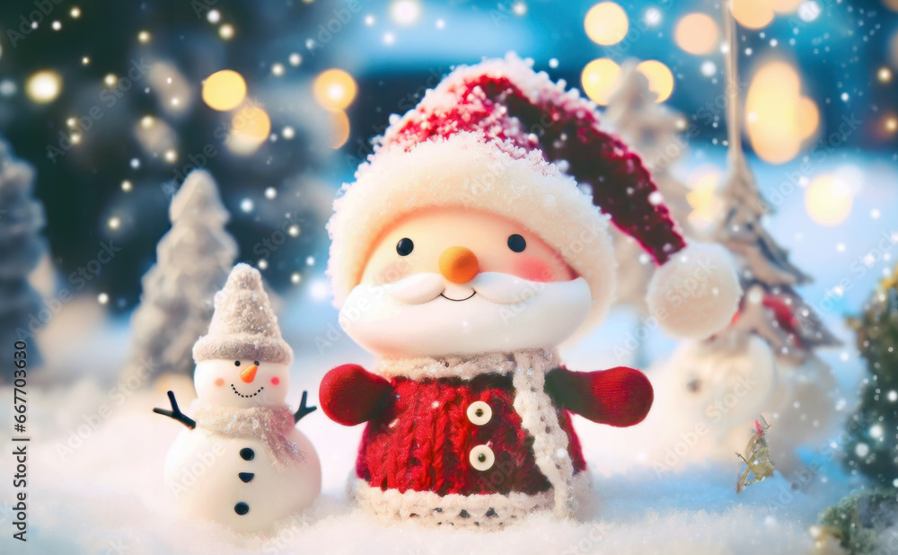 Cute toy character of Santa Claus and snowman, in the white winter snow, Christmas celebration seasons greeting, happy jolly, new year festival, kids toy Cute toy character of Santa Claus and snowman, in the white winter snow, Christmas celebration seasons greeting, happy jolly, new year festival, kids toy
