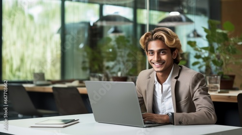Smiling Teen Indian Man with Blond Straight Hair Photo. Portrait of Business Person in the office in front of laptop. Photorealistic Ai Generated Horizontal Illustration.