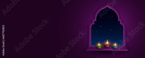 Burning diya lamps stand on the window overlooking the starry sky. Background for Diwali festival of light. Vector illustration.