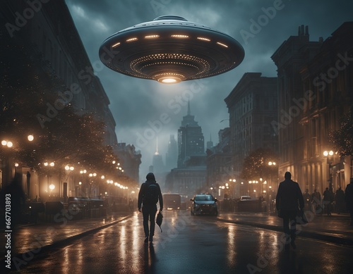 alien walking in city.