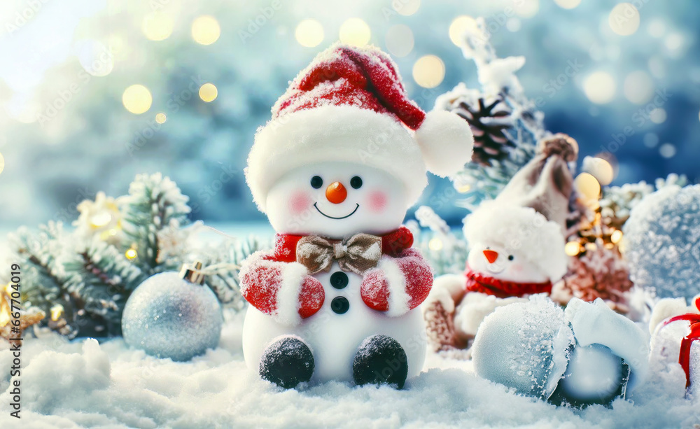 Cute toy character of Santa Claus and snowman, in the white winter snow, Christmas celebration seasons greeting, happy jolly, new year festival, kids toy Cute toy character of Santa Claus and snowman, in the white winter snow, Christmas celebration seasons greeting, happy jolly, new year festival, kids toy