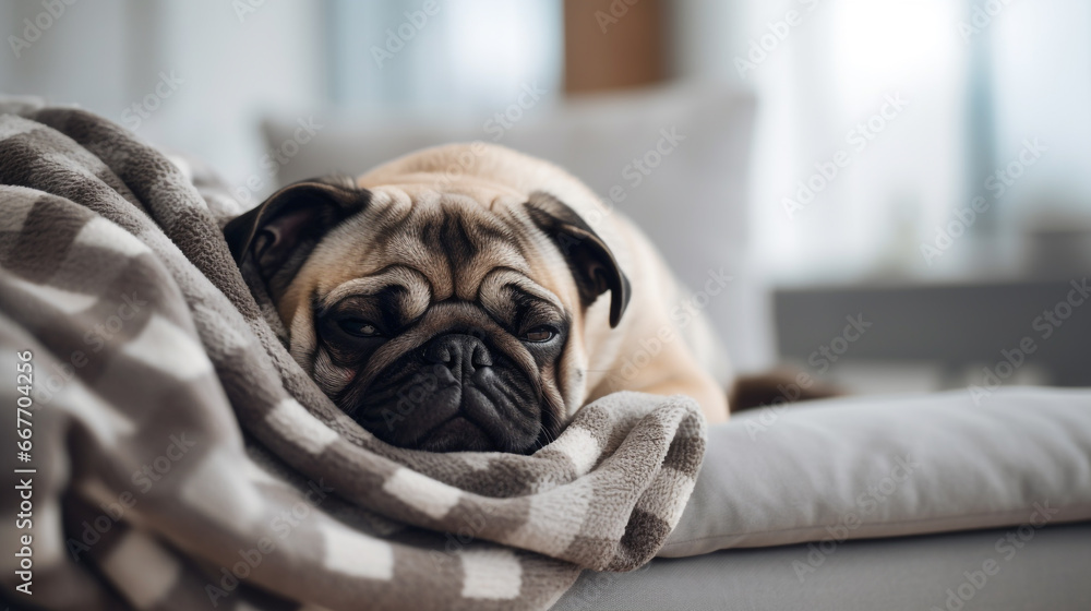 A pet dog, a pug is lounging on his bed at home, Relaxing