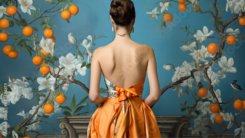 fashion rebellious model from behind, vinvenne westwood mix prada blue vintage dress, background with wallpaper with white jasmine, orange blossom, elder flower, vanilla beans photo