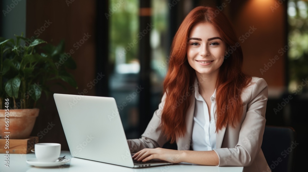 Smiling Teen Persian Woman with Red Straight Hair Photo. Portrait of Business Person in the office in front of laptop. Photorealistic Ai Generated Horizontal Illustration. Smiling Teen Persian Woman with Red Straight Hair Photo. Portrait of Business Person in the office in front of laptop. Photorealistic Ai Generated Horizontal Illustration.