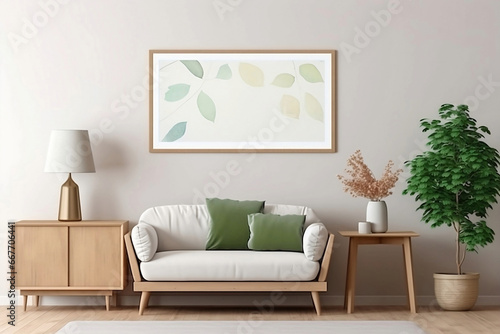 modern living room  Inviting Spring Vibes  A Cozy Living Room with Mock-up Poster Frame  Wooden Sideboard  White Sofa  Greenery  Plants  and Stylish Lamp  Perfect for Home Decor Inspiration.