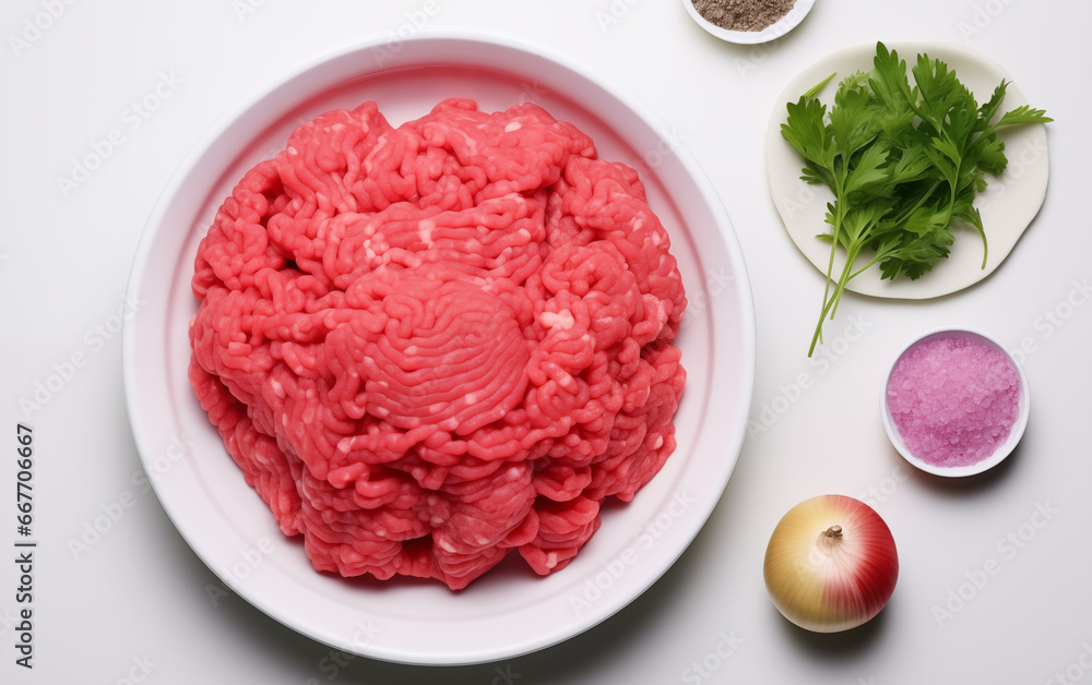 Fresh minced meat ready for cooking Isolated on White background generation of AI Fresh minced meat ready for cooking Isolated on White background generation of AI