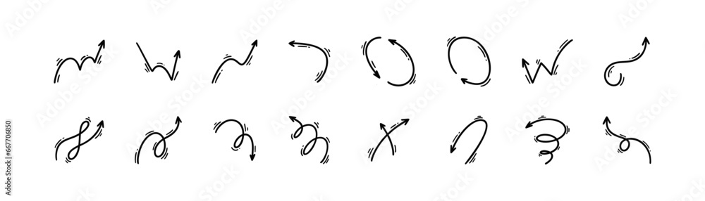 Hand drawn doodle arrows set. Sketch line icons. Direction pointers. Scribble, misdirection, twist, swish, swirl, loop, swoosh design elements Hand drawn doodle arrows set. Sketch line icons. Direction pointers. Scribble, misdirection, twist, swish, swirl, loop, swoosh design elements