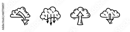 Cloud computing technology doodle icon set. Hand drawn data server service. Digital network file transfer sketch vector illustrations. Download system.