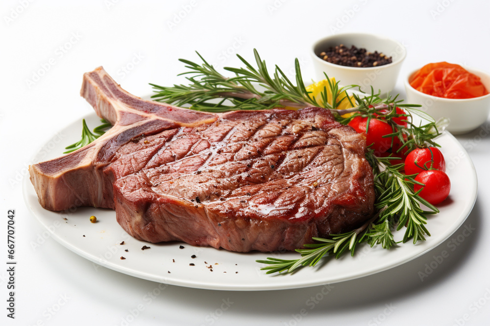 Grilled T-bone steak with rosemary and spices on white background