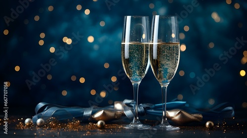 Two Champagne Glasses in front of a festive navy blue Background. Template for Holidays and Celebrations