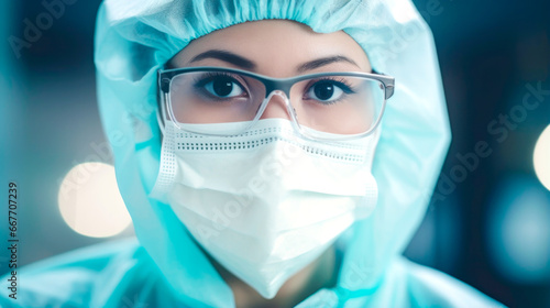 Young female doctor in a green uniform with surgical cap and protection mask, close up portrait, horizontal background. Prevention of Covid-19. AI Generated