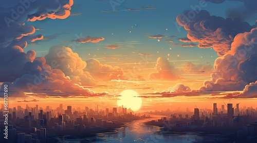 Sunset sky and modern city background. Cartoon evening sunrise with orange clouds. Sun through the clouds in sky. Morning cloudy heaven panorama. Big city background. Generative ai