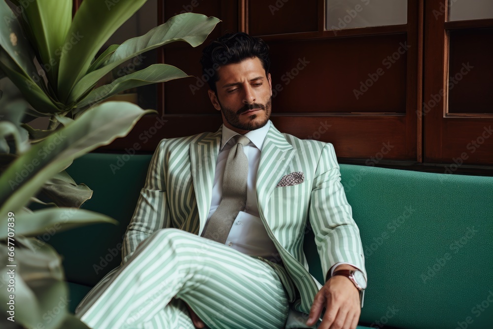 Fototapeta premium Man in Suit on Green Couch