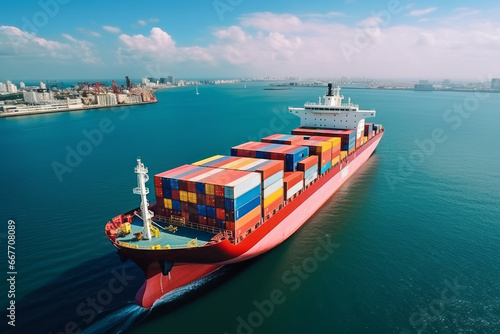 Container ship is a global network of cargo transportation, global import and export trade, transportation and logistics business. Global business, business growing and supporting business success.