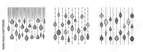 Christmas garlands and decor pattern isolated on white background. Hand drawn sketch. Abstract elements design set. Decorative texture for overlaying. Vector illustration collection