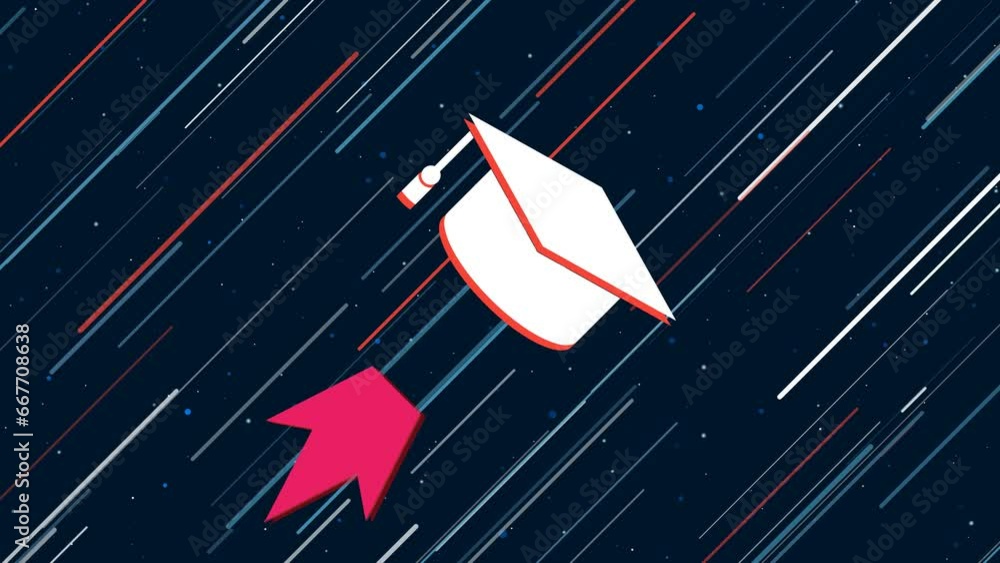 Square academic cap symbol flies through the universe on a jet ...