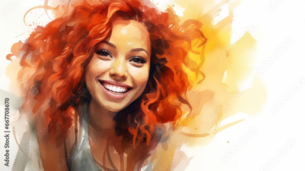 Smiling Adult Black Woman with Red Straight Hair Watercolor Illustration. Portrait of Casual Person on white background with copy space. Photorealistic Ai Generated Horizontal Illustration.