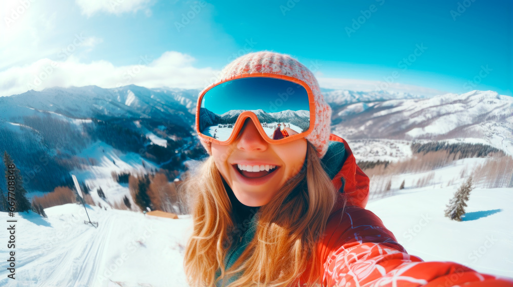 Happy woman posing for winter selfie on a ski resort. Sport and healthy lifestyle concept. AI Generated Happy woman posing for winter selfie on a ski resort. Sport and healthy lifestyle concept. AI Generated