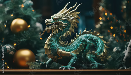 Green Chinese dragon on blurred festive background, new year concept © terra.incognita