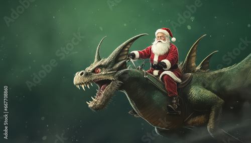 Santa Claus flies on Green Chinese Dragon, New Year Concept © terra.incognita