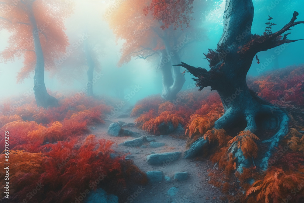 foggy and dark autumn woods, mystery forest. Magical saturated foggy forest trees landscape. Generative AI foggy and dark autumn woods, mystery forest. Magical saturated foggy forest trees landscape. Generative AI
